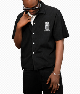 Front detail of the BLAQFAM PREMIUM black short-sleeve shirt showing the buttons and chest branding