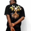 Back view of the BLAQFAM PREMIUM black short-sleeve shirt with a large tree graphic against a white background