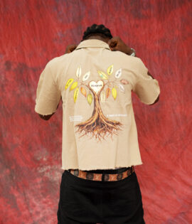 Back view of the BLAQFAM PREMIUM beige short-sleeve shirt with a large tree graphic